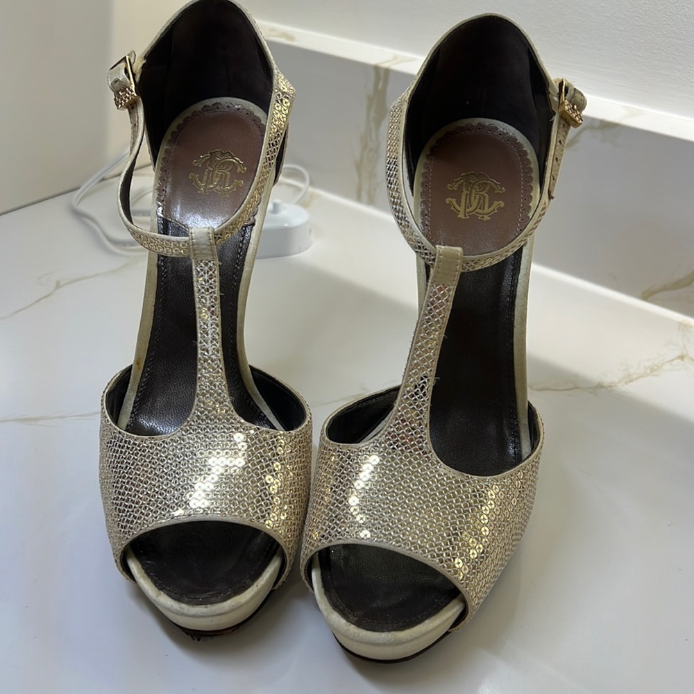 Roberto Cavalli platinum Satin platform high heel pumps , EU38.5/US8.5